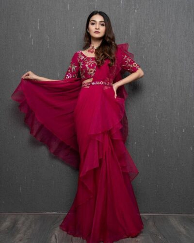 infabzon Ready To Wear Lehenga Saree & Belt Set For Women Bollywood Style Apple Organza Silk Fabric On Fully Stitched Embrodery Sequance Work - Image 2