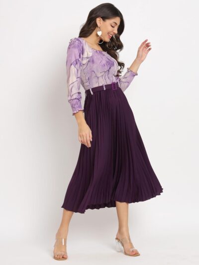 OTABU Women A-line Dress with Pleats, has an Square Neck, Printed Top Comes with a Belt - Image 4