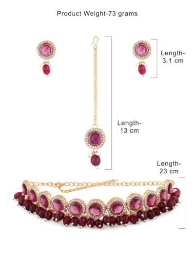 ZAVERI PEARLS Wine Color Stones & Cluster Beads Choker Necklace Earring Maangtikka & Ring Set For Women-ZPFK14598 - Image 5