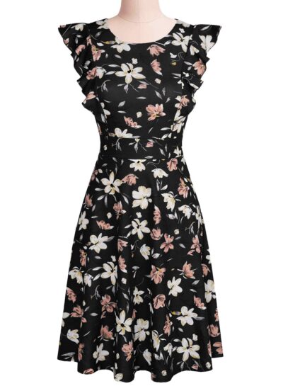 YATHON Women's Vintage Ruffle Floral Flared A Line Swing Casual Cocktail Party Dresses - Image 2