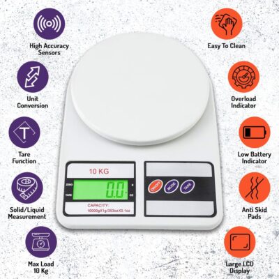 ATOM Digital Kitchen Food Weighing Scale For Healthy Living, Home Baking, Cooking, Fitness & Balanced Diet. | 1 Year Warranty | 10Kg x 1gms with 2 Batteries Included, SF400/A121, Color May vary - Image 3