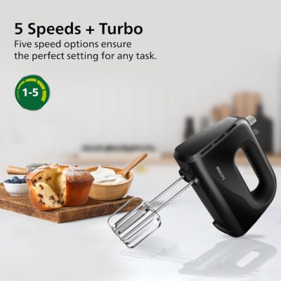 Philips HR3705/10 300 Watt Lightweight Hand Mixer, Blender with 5 speed control settings, stainless steel accessories and 2 years warranty(black color) - Image 4
