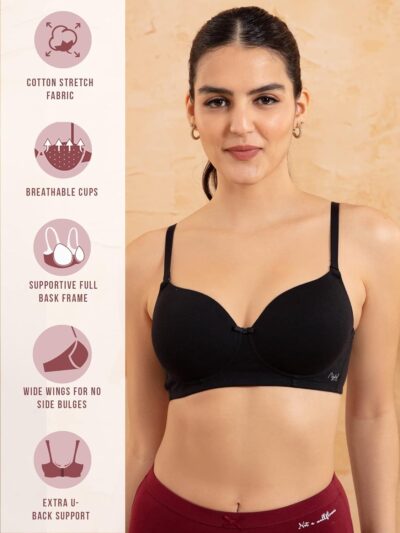 NYKD by Nykaa Breathe Cotton All Day Comfort Padded Non Wired T-Shirt Bra Nyb198 Black (32B) - Image 2