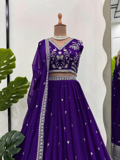 MODEMIX Traditional Wedding Lehenga, Royal Purple with Silver Embroidery, Tasselled Dupatta - Image 2