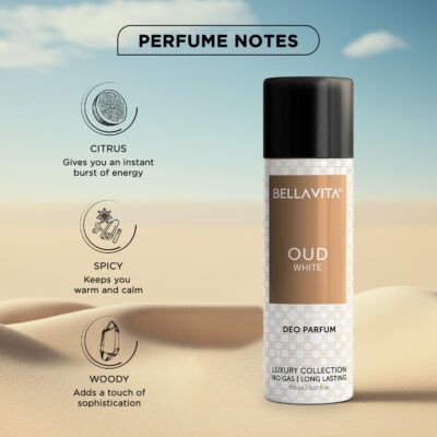 Bella Vita Luxury Oud White No Gas Body Spray Deodorant Parfum For Men With Orange, Fressia & Tobacco | Woody Long Lasting Body Perfume Deo 150 Ml - Image 3