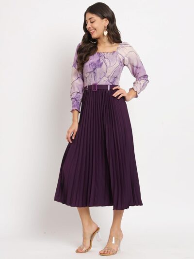 OTABU Women A-line Dress with Pleats, has an Square Neck, Printed Top Comes with a Belt - Image 5