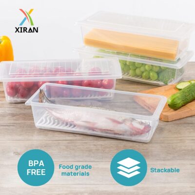 Xiran 6 Fridge Storage Boxes Fridge Organizer with Removable Drain Plate and Lid Stackable Fridge Storage Containers Plastic Freezer Storage Containers for Fish, Meat, Vegetables, Fruits(1500ML) - Image 5