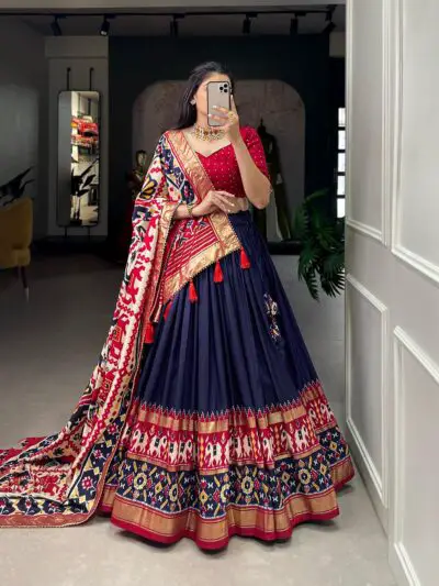 Women's Lehenga Choli | Tussar Silk With Patola Print with Foil Work With Solid And Unstitched Blouse Lehenga Choli With Dupatta - Image 2