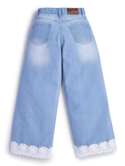 Knit N Knot Girls' Kids Light Blue Wide Leg Flared Fit Relaxed Loose high Rise Jeans with Attached Embroidered Floral Lace Bottom | Casual Festival Occassional wear | Non Stretch |Adjustable Waist - Image 2