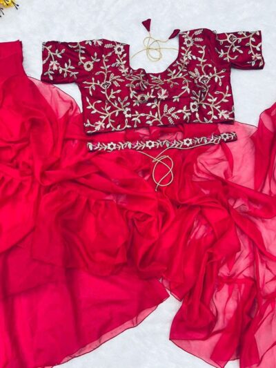 infabzon Ready To Wear Lehenga Saree & Belt Set For Women Bollywood Style Apple Organza Silk Fabric On Fully Stitched Embrodery Sequance Work - Image 3