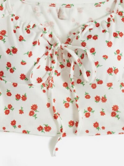 Aahwan Women's Printed & Girls' Puff Sleeve Tie Front Ditsy Floral Slim Fit Top - Image 3