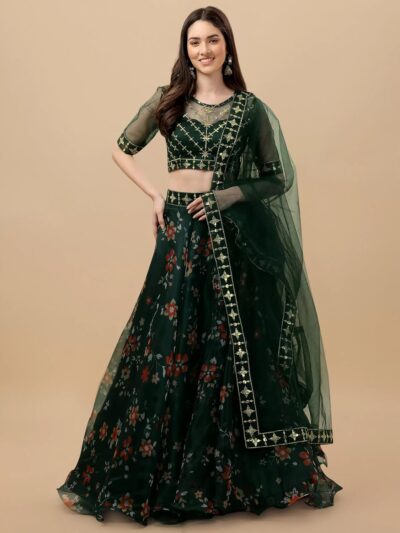 Suppar Sleave Women's Ethnic Wear Floral Digital Printed Organza zari Sequin Work Semi-Stitched Lehenga Choli With Dupatta - Image 3