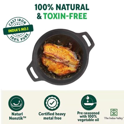 The Indus Valley Preseasoned Cast Iron Fish Fry Pan With Double Handle| Medium 22.4Cm/ 8.8Inch, 1.5Kg | Induction Friendly | Nonstick Fish Fry Pan, 100% Pure & Toxin Free, No Chemical Coating, Black - Image 5