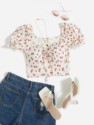 Aahwan Women's Printed & Girls' Puff Sleeve Tie Front Ditsy Floral Slim Fit Top - Image 5