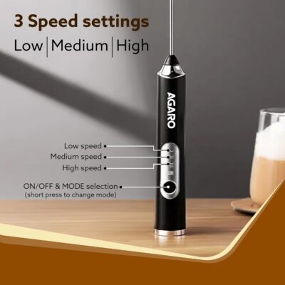 AGARO Royal Milk Frother, 3-Speed Electric Frother for Coffee with Whisk and Frother, Frother Mixer, Stand-up Design, for Cream (Whisk Milk frother), Rechargeable, Stainless Steel - Image 5