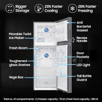Samsung 330 L, 2 Star, Convertible 5-in-1, Digital Inverter, Frost Free Double Door, WiFi Enabled Bespoke AI Refrigerator (RT34DG5A2BSLHL, Real Steel, Silver) - Image 3