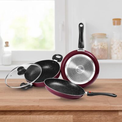 MILTON Pro Cook Kitchen Jewel Cookware Set of 3 (Fry pan 24 cm/1.6 litres; Kadhai 24 cm/2.5 litres with Glass lid & Tawa 25 cm), Peach, Induction, Hot Plate, Flame Safe, Non-Stick - Image 6