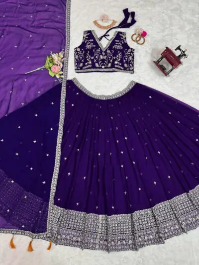 MODEMIX Traditional Wedding Lehenga, Royal Purple with Silver Embroidery, Tasselled Dupatta - Image 3