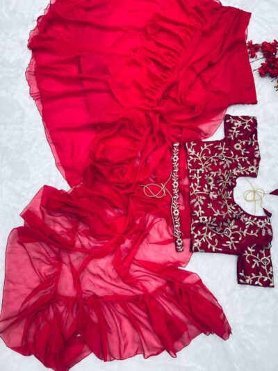 infabzon Ready To Wear Lehenga Saree & Belt Set For Women Bollywood Style Apple Organza Silk Fabric On Fully Stitched Embrodery Sequance Work - Image 5