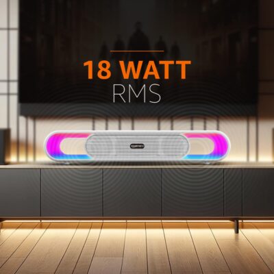amazon basics SB18R 18W Bluetooth Soundbar with 2000 mAh Battery | 2X Bass | Up to 8 hrs of Playback | RGB LED Lights | Bluetooth 5.3, Aux & USB Connectivity (White) - Image 2