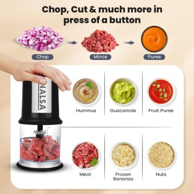 INALSA Electric Chopper for Kitchen with 400 Watts Pure Copper Motor|Chop,Mince,Puree,Dice |Twin Blade Technology|One Touch Operation,1.30mtr Long Power Cord (Black/Silver)- Bullet - Image 2