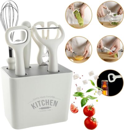 Mirramor Stainless Steel 6-Piece Kitchen Gadgets Set, Kitchen Scissors, Kitchen Utensils Set with Holder, Paring Knife, Whisk, Bottle Opener, Peeler- Anti-Slip Handle, Decorative Base, White - Image 4