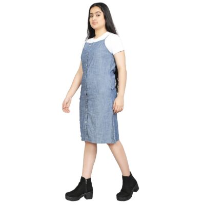 VYN Solid Denim Stylish Half Sleeves Square Neck Front Open Comfortable Cami Dress with 2 Pocket for Teen Girls Knee Short Length Dress Party and Casual - Image 4
