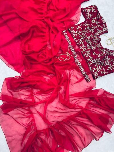 infabzon Ready To Wear Lehenga Saree & Belt Set For Women Bollywood Style Apple Organza Silk Fabric On Fully Stitched Embrodery Sequance Work - Image 4