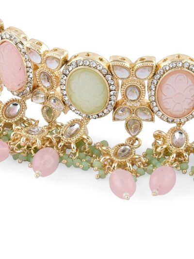 ZAVERI PEARLS Pink Green Stones Beads Kundan Necklace Earring Ring & Maangtikka Set For Women-ZPFK15376 - Image 5