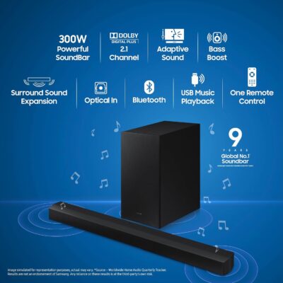 Samsung Soundbar (HW-C45E/XL) 2.1 Channel, 300W, Dolby Digital, 3 Speakers, Wireless Subwoofer, Bluetooth Enabled and DTS Virtual X Experience Sound (Black) - Image 2