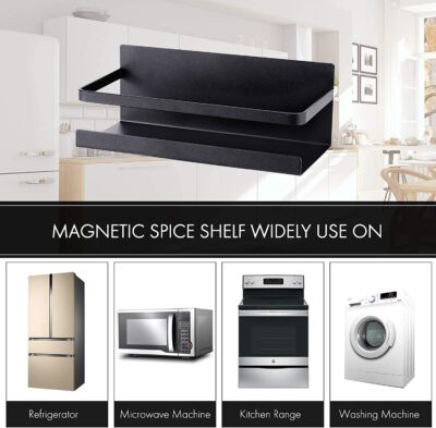 OrganizeMee Small Kitchen Storage Solution Magnetic Corner Shelf[25 X 12 Cm] - Wall Mount Spice Rack, Utensil Holder. Fridge, Washer, Microwave Organizer (Black Qty:1) - Alloy Steel - Image 7