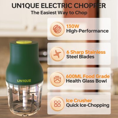 UN1QUE Automatic Electric Chopper for Kitchen | Two Speed Mode | Stainless Steel Blades | One Touch Cutter for Onion Vegetables Garlic Ginger Meat Fruits (600ML | Wired | 1 Year Warranty) - Image 2