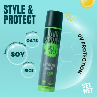 Set Wet Hair Spray 200ml| For Men & Women| Extreme, Long-lasting Hold| With Soy, Rice & Oat Protein| UV Protect| SLS & Paraben Free| Quick Styling| Non-Sticky| Natural Shine - Image 5