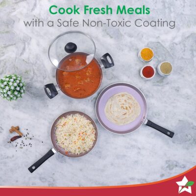 Wonderchef Valencia Non-Stick Cookware 4 Piece Set | Kadhai with Lid 24 cm, Fry Pan 24 cm, Dosa Tawa 28 cm | Pure Grade Aluminium| PFOA Free| 2 Years Warranty | Purple - Image 7