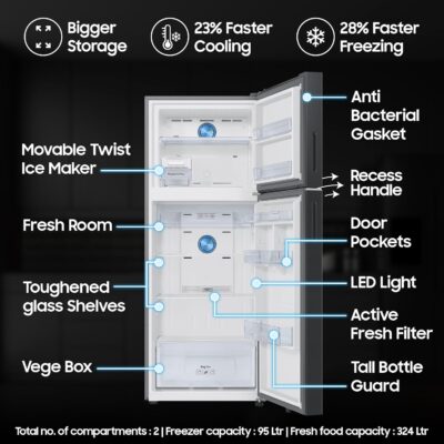 Samsung 419 L, 3 Star, Convertible 5-in-1, Digital Inverter, Frost Free Double Door, Bespoke AI WiFi Enabled Refrigerator (RT45DG6A4DB1HL, Black Matte) - Image 3