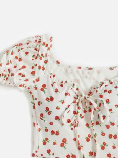 Aahwan Women's Printed & Girls' Puff Sleeve Tie Front Ditsy Floral Slim Fit Top - Image 4
