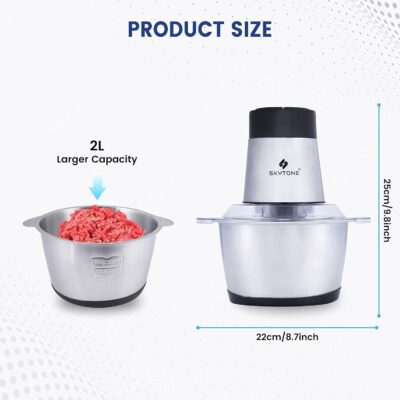 SKYTONE Electric Chopper, Meat Chopper With Stainless Steel Bowl Heavy 700W Motor - 2 Speed Modes For Kitchen Food Processor, Meat, Vegetables, Onion, Mince (Electric, 2 Liter) - Image 7