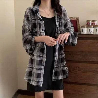 ROYALICA Women Black and White Colour Collared Checked Shirt with Heavy Black Inner - Image 4