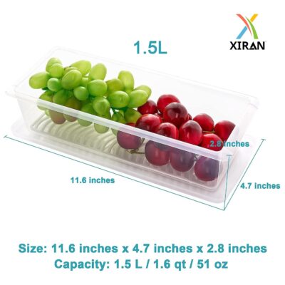 Xiran 6 Fridge Storage Boxes Fridge Organizer with Removable Drain Plate and Lid Stackable Fridge Storage Containers Plastic Freezer Storage Containers for Fish, Meat, Vegetables, Fruits(1500ML) - Image 2
