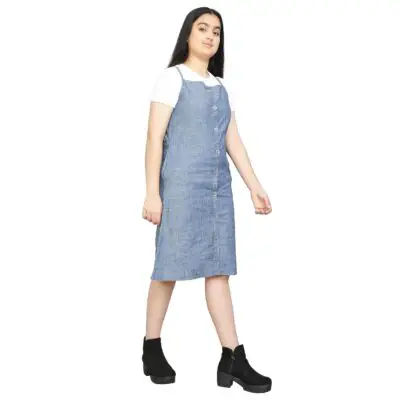 VYN Solid Denim Stylish Half Sleeves Square Neck Front Open Comfortable Cami Dress with 2 Pocket for Teen Girls Knee Short Length Dress Party and Casual - Image 3