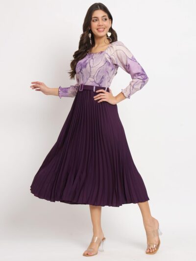 OTABU Women A-line Dress with Pleats, has an Square Neck, Printed Top Comes with a Belt - Image 6
