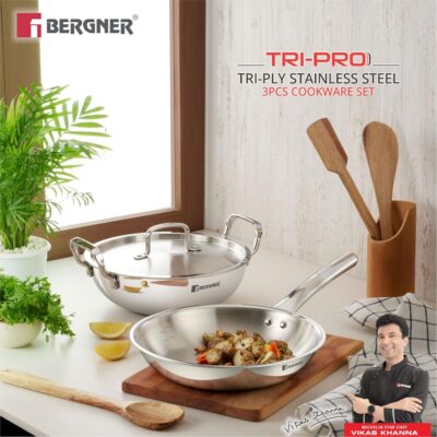 Bergner Tripro Triply Stainless Steel 3 Pc Cookware Set, 24 cm Indian Wok/Kadai with Lid, 22 cm Frypan Without Lid, Fast and Event Heating, Induction Bottom, Gas Ready, Silver - Image 2
