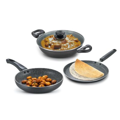 Prestige Omega Deluxe Granite Aluminium 3 Pcs Set- Tawa, Fry Pan & Kadai with 1 Glass Lid|Non-Stick|Spatter-Coated Surface|Induction & Gas Compatible|Black - Image 2