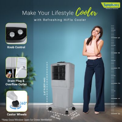 Symphony HiFlo 40 Personal Air Cooler For Home with Powerful Blower, Honeycomb Pads, i-Pure Technology and Low Power Consumption (40L, Light Grey) - Image 4