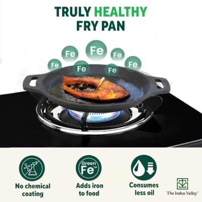 The Indus Valley Preseasoned Cast Iron Fish Fry Pan With Double Handle| Medium 22.4Cm/ 8.8Inch, 1.5Kg | Induction Friendly | Nonstick Fish Fry Pan, 100% Pure & Toxin Free, No Chemical Coating, Black - Image 3