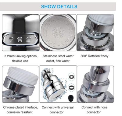 SHIDHMI Tap Extender for Kitchen Sink,360° Rotatable Splash Filter Faucet With 3 Modes,Upto 30% Water Saving,Kitchen Tap Extension,Sink Tap Extension for Kitchen/Bathroom,Silver,Short - Image 4