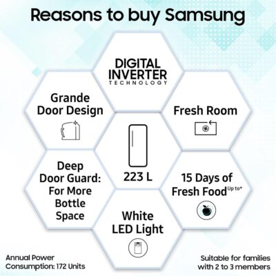 Samsung 223 L, 3 Star, Digital Inverter, Direct-Cool Single Door Refrigerator (RR24D2Z23CU/NL, Camellia Blue, Base Stand Drawer) - Image 2