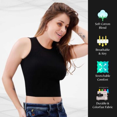 TRASA Women’s Sleeveless Rib Knitted Cotton Racer Back Tank Tops Crew Neck Crop Tops - Available Sizes - XS, S, M, L, XL,2XL - Image 4
