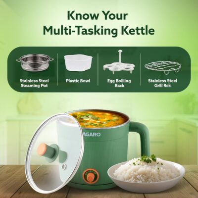 AGARO Regency Multi Cook Kettle With Steamer, 1.2L Inner Pot, Double Layered Body, Variable Temperature Settings, Wide Mouth, Boiling, Steaming, Tea, Coffee, Egg, Vegetable Boiling, 600W, Sea Green - Image 6