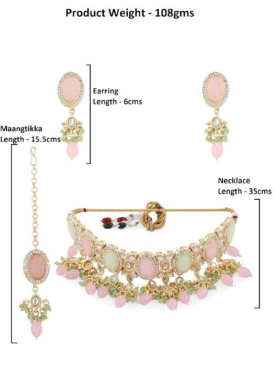 ZAVERI PEARLS Pink Green Stones Beads Kundan Necklace Earring Ring & Maangtikka Set For Women-ZPFK15376 - Image 6